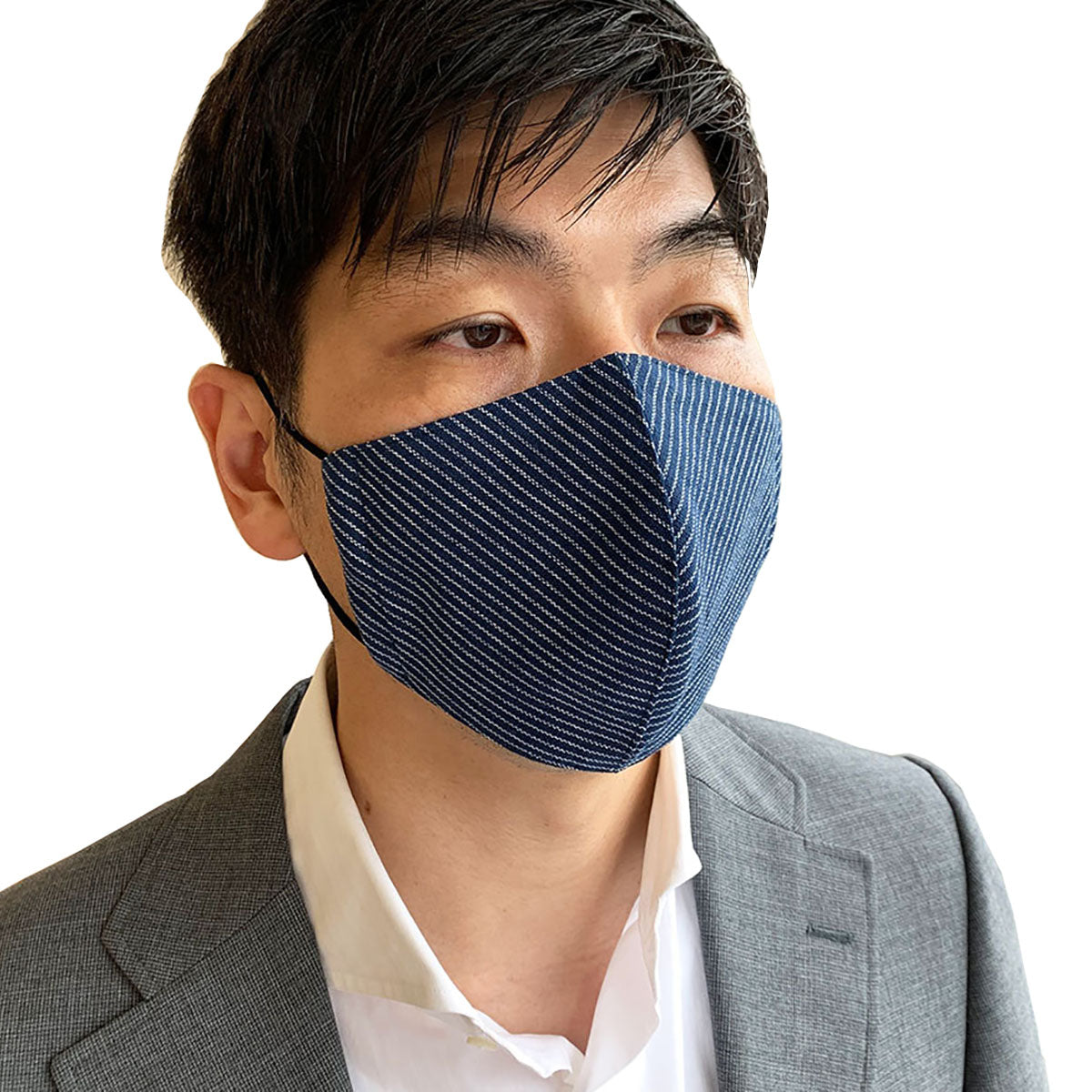 立体マスク ネイビーストライプ 綿麻生地の画像1枚目