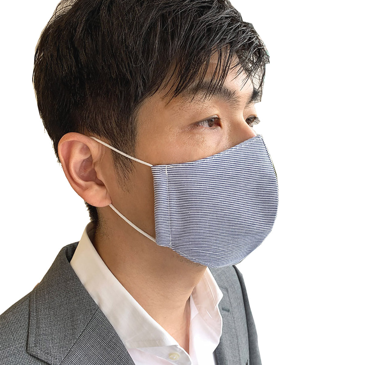日本製 布マスク ネイビーストライプ シャープな立体マスクの画像1枚目