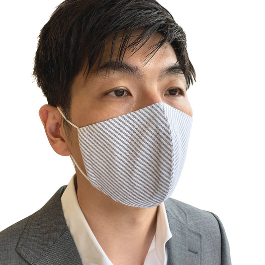 日本製 布マスク シャープな立体型 柔らかな印象のネイビーストライプ柄の画像1枚目